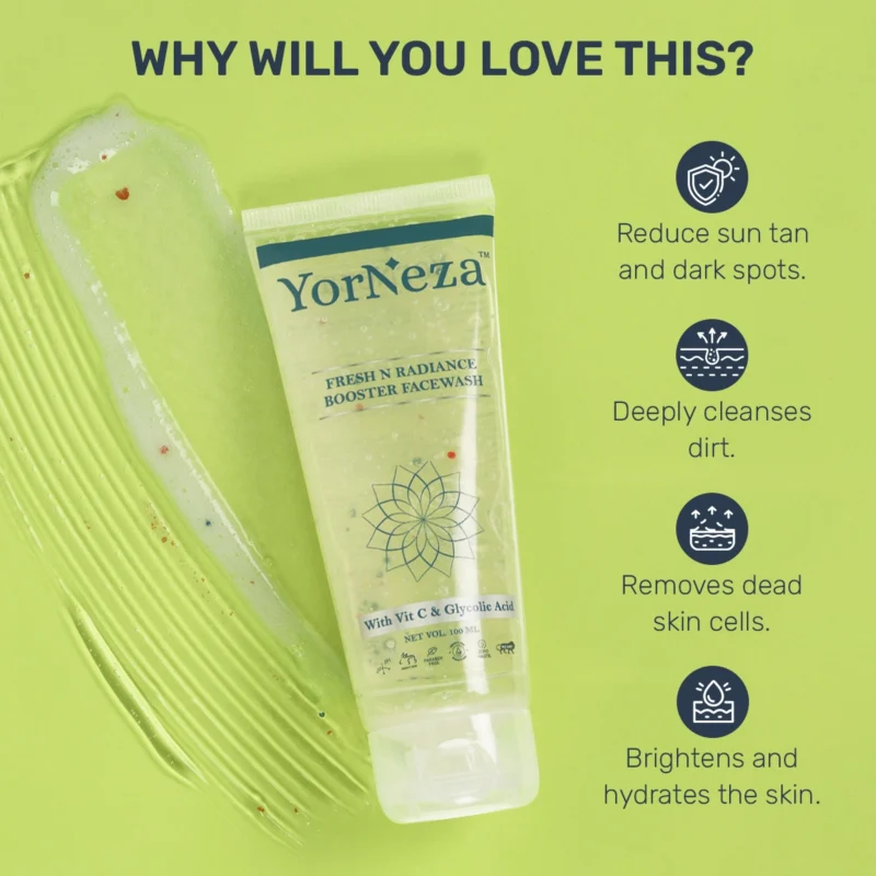 YORNEZA Fresh N Radiance Booster Face Wash with 2% Vitamin C + 4% Glycolic acid For Glowing & Brightening Skin | Remove Dark Spots, Acne & Sun Tan | All Skin Types | Women & Men | 100ml