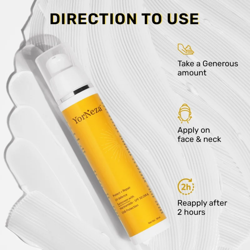 YORNEZA Protect + Repair Sunscreen SPF 50 PA+++ with 4% Niacinamide and Vitamin E, UVA/UVB Protection | Blue light protection | Reduces Tan and Super Bright Sunscreen | No White Cast, Non-Greasy Formula | All Skin Types (oily, Dry, Acne-prone Skin) | Men & Women | 50 ml