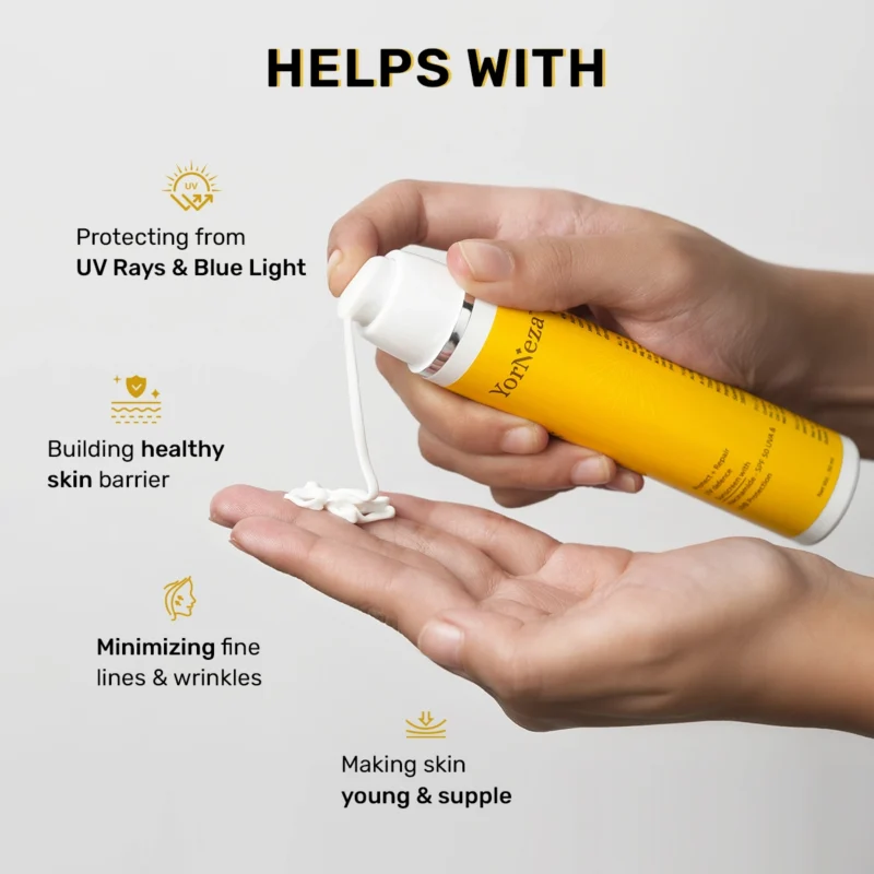 YORNEZA Protect + Repair Sunscreen SPF 50 PA+++ with 4% Niacinamide and Vitamin E, UVA/UVB Protection | Blue light protection | Reduces Tan and Super Bright Sunscreen | No White Cast, Non-Greasy Formula | All Skin Types (oily, Dry, Acne-prone Skin) | Men & Women | 50 ml